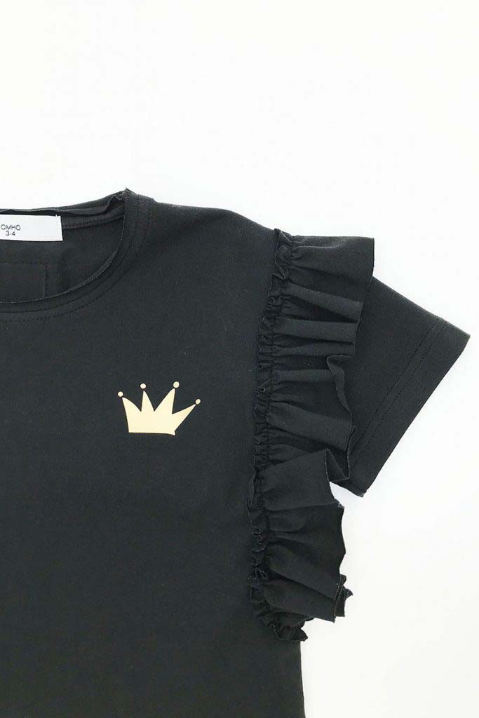 camiseta volantes negra corona dorada algodón orgánico niña moderna